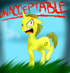 Size: 877x911 | Tagged: safe, artist:insanity-in-corpse, pony, unicorn, adventure time, cross-popping veins, floppy ears, lemongrab, male, ponified, raised hoof, solo, stallion, unacceptable, yelling