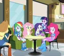 Size: 400x350 | Tagged: safe, screencap, applejack, fluttershy, pinkie pie, rainbow dash, rarity, spike, twilight sparkle, dog, human, equestria girls, g4, my little pony equestria girls, cropped, humane five, humane six, spike the dog