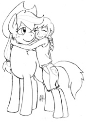 Size: 1062x1500 | Tagged: safe, artist:dj-black-n-white, applejack, oc, oc:cinnamon cider, satyr, g4, daughter, filly, freckles, hug, monochrome, mother, mother and daughter, offspring, parent:applejack