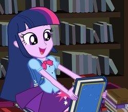 Size: 400x350 | Tagged: safe, screencap, twilight sparkle, equestria girls, g4, my little pony equestria girls, book, cute, excited, female, happy, solo, that pony sure does love books, twiabetes, twilight fuel, yearbook