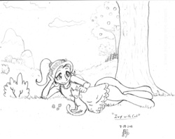 Size: 1500x1185 | Tagged: safe, artist:dj-black-n-white, oc, oc only, oc:ivy, cat, satyr, cloud, cloudy, flower, grass, monochrome, mountain, offspring, parent:fluttershy, solo, tree