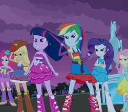 Size: 400x350 | Tagged: safe, screencap, applejack, fluttershy, pinkie pie, rainbow dash, rarity, twilight sparkle, human, equestria girls, g4, my little pony equestria girls, balloon, bare shoulders, belt, belt buckle, boots, bracelet, clothes, cowboy boots, cowboy hat, crossed arms, cutie mark on clothes, dress, fall formal outfits, female, hairpin, hat, high heel boots, humane five, humane six, jewelry, night, rainbow, shoes, skirt, sleeveless, statue, strapless, top hat, twilight ball dress