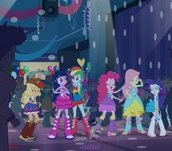 Size: 400x350 | Tagged: safe, screencap, applejack, curly winds, fluttershy, mystery mint, pinkie pie, rainbow dash, rarity, rose heart, scribble dee, some blue guy, spike, sweet leaf, teddy t. touchdown, tennis match, twilight sparkle, alicorn, dog, equestria girls, g4, my little pony equestria girls, armpits, arms in the air, background human, balloon, bare shoulders, boots, dancing, equestria girls prototype, fall formal outfits, hands in the air, high heel boots, humane five, mane six, out of context, party, sleeveless, spike the dog, strapless, twilight sparkle (alicorn)