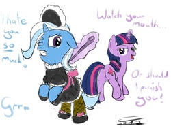 Size: 1000x750 | Tagged: safe, artist:crade, trixie, twilight sparkle, pony, unicorn, g4, butt, clothes, dialogue, domination, female, femdom, femsub, fishnet stockings, maid, mare, plot, slave, submissive, the weak and powerless trixie, twidom