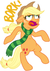 Size: 4259x6000 | Tagged: safe, artist:masem, idw, applejack, earth pony, pony, g4, micro-series #6, my little pony micro-series, absurd resolution, bipedal, bork, clothes, faic, female, floppy ears, idw showified, mare, open mouth, palindrome get, scarf, silly, silly pony, simple background, solo, tongue out, transparent background, vector, who's a silly pony