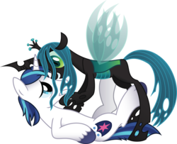 Size: 3692x3000 | Tagged: safe, artist:drawponies, artist:jakage, queen chrysalis, shining armor, changeling, changeling queen, pony, unicorn, g4, duo, female, femdom, imminent rape, male, ship:shining chrysalis, shipping, simple background, stallion, straight, transparent background