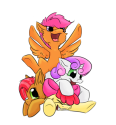 Size: 1747x1884 | Tagged: safe, artist:linnyillustrates, apple bloom, babs seed, scootaloo, sweetie belle, earth pony, pegasus, pony, unicorn, g4, cheek fluff, cutie mark crusaders, female, filly, fluffy, gritted teeth, open mouth, pony pile, simple background, smiling, transparent background