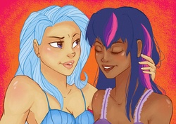 Size: 4961x3508 | Tagged: safe, artist:illuminantgraveyard, trixie, twilight sparkle, human, g4, dark skin, female, humanized, lesbian, ship:twixie, shipping