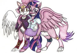 Size: 1141x800 | Tagged: safe, artist:jameythehedgehog, twilight sparkle, anthro, taur, unguligrade anthro, g4, blaze the cat, crossover, fangs, hooves, sonic the hedgehog (series), traditional art, twilight sparkle (alicorn), unshorn fetlocks, what has science done, wings
