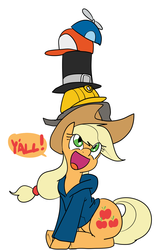 Size: 1000x1500 | Tagged: safe, artist:reiduran, applejack, earth pony, pony, g4, applejack's hat, baseball cap, beanie, clothes, cute, female, flanderization, hard hat, hat, hatception, hoodie, jackabetes, mare, pile, silly, silly pony, simple background, sitting, solo, speech bubble, team fortress 2, top hat, towering pillar of hats, who's a silly pony, y'all