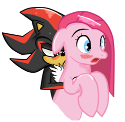Size: 616x604 | Tagged: safe, artist:kaiamurosesei, pinkie pie, g4, blushing, crossover, crossover shipping, female, hug, imminent kissing, interspecies, kissing, love, male, pinkamena diane pie, shadow the hedgehog, shadpie, shipping, sonic the hedgehog, sonic the hedgehog (series), straight