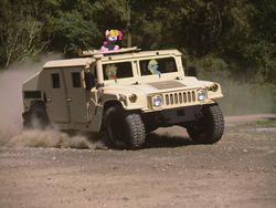 Size: 1600x1200 | Tagged: safe, artist:tubalcainger, applejack, derpy hooves, fluttershy, pinkie pie, pegasus, pony, g4, car, female, hmmwv, humvee, mare, ponies in real life, riding