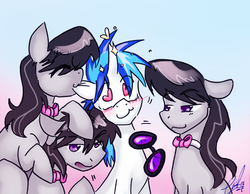 Size: 750x581 | Tagged: safe, artist:carnival, dj pon-3, octavia melody, vinyl scratch, earth pony, pony, unicorn, g4, blushing, clone, ear bite, female, heart eyes, lesbian, multeity, octavia is master race, ship:scratchtavia, shipping