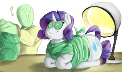 Size: 1280x752 | Tagged: safe, artist:sirmasterdufel, rarity, oc, oc:anon, human, g4, chubby, cucumber, cute, fat, hooficure, micro, seaweed wrap, tiny ponies