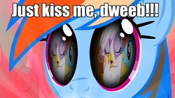 Size: 1278x720 | Tagged: safe, edit, edited screencap, screencap, gilda, rainbow dash, griffon, g4, caption, eye reflection, eyes, female, lesbian, mare, out of context, reflection, ship:gildash