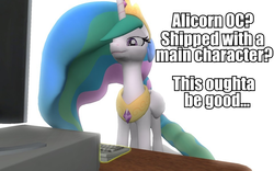 Size: 960x600 | Tagged: safe, artist:pinkie diane roosevelt phd, princess celestia, g4, 3d, computer, female, gmod, hilarity ensues, it begins, reaction image, solo