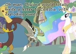 Size: 676x486 | Tagged: safe, artist:insaneponythread, edit, edited screencap, screencap, discord, princess celestia, alicorn, draconequus, pony, g4, keep calm and flutter on, season 3, bowing, crown, discord being discord, dungeons and dragons, duo, duo male and female, eyes closed, female, folded wings, implied explosion, insane pony thread, jewelry, letter, male, mare, mismatched wings, nostalgia, ponyville, regalia, smiling, spread wings, tumblr, wings