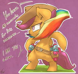 Size: 1200x1147 | Tagged: safe, artist:atryl, scootaloo, pegasus, pony, g4, beard, bipedal, clothes, colored eyelashes, costume, cowboy, i am the law, offscreen character, rainbow dash's tail, roleplaying, solo, tail, watergun, western