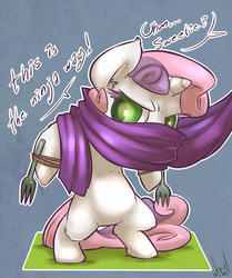 Size: 1002x1200 | Tagged: safe, artist:atryl, rarity, sweetie belle, pony, g4, bipedal, clothes, costume, fork, ninja, offscreen character, tail