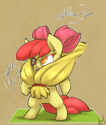 Size: 1019x1200 | Tagged: safe, artist:atryl, apple bloom, applejack, pony, g4, beard, bipedal, clothes, costume, eyepatch, offscreen character, pirate, tail