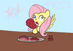 Size: 1000x700 | Tagged: safe, artist:lightningnickel, fluttershy, g4, 30 minute art challenge, female, meat, ponies eating meat, ribs, ribs (food), solo