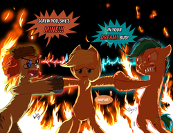 Size: 1024x787 | Tagged: dead source, safe, artist:graystripe64, artist:ladyanidraws, applejack, oc, oc:pencil sketch, oc:penny rich, g4, applejack gets all the mares, canon x oc, female, fight, lesbian