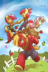 Size: 666x1000 | Tagged: safe, artist:atryl, apple bloom, big macintosh, scootaloo, sweetie belle, earth pony, anthro, unguligrade anthro, g4, action pose, apple, carrying, clothes, cutie mark crusaders, topless