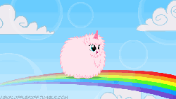 Size: 640x360 | Tagged: safe, artist:mixermike622, oc, oc only, oc:fluffle puff, pink fluffy unicorns dancing on rainbows, g4, animated, cloud, fake horn, female, mare, open mouth, perfect loop, rainbow, sky, solo