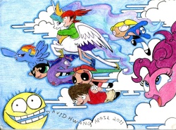 Size: 900x667 | Tagged: safe, artist:invalid-david, pinkie pie, princess celestia, twilight sparkle, g4, bloo (foster's), blossom (powerpuff girls), bubbles (powerpuff girls), buttercup (powerpuff girls), cheese, cheese (foster's home for imaginary friends), crossover, frankie foster, mac (foster's), the powerpuff girls