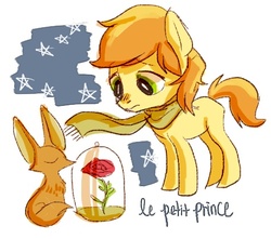 Size: 476x420 | Tagged: safe, artist:nyonhyon, braeburn, fox, g4, clothes, colt, cute, flower, french, frown, glass, rose, scarf, stars, the little prince