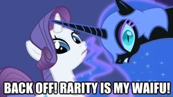 Size: 625x352 | Tagged: safe, nightmare moon, rarity, g4, female, image macro, lesbian, reaction image, ship:nightrarity, shipping, waifu