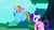 Size: 1266x709 | Tagged: safe, screencap, opalescence, rainbow dash, rarity, cat, pegasus, pony, unicorn, g4, bathrobe, clothes, female, mare, messy mane, robe, soon, trio