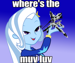 Size: 522x441 | Tagged: safe, trixie, robot, equestria girls, g4, exploitable meme, game, look what trixie found, mecha, meme, muv luv