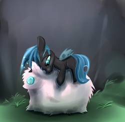 Size: 1600x1560 | Tagged: safe, artist:bluestreakfus, queen chrysalis, oc, oc:fluffle puff, changeling, changeling queen, nymph, g4, cuddling, cute, cutealis, female, filly, filly queen chrysalis, fluffle puff plushie, foal, grass, hug, implied fluffle puff, miss fluffy fluffs, pile, plushie, prone, smiling, solo, toy, younger