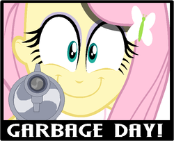 Size: 675x548 | Tagged: safe, fluttershy, equestria girls, g4, my little pony equestria girls, caption, close-up, female, garbage day, gun, handgun, happyshy, image macro, looking at you, rapeface, silent night deadly night, solo, text