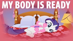 Size: 1510x849 | Tagged: safe, edit, edited screencap, screencap, rarity, g4, suited for success, bed, clothes, female, image macro, inverted mouth, my body is ready, reaction image, robe, slippers, solo