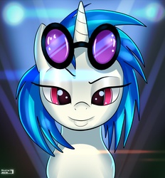 Size: 987x1064 | Tagged: safe, artist:skyart301, dj pon-3, vinyl scratch, pony, unicorn, g4, female, lidded eyes, mare, signature, smiling, smirk, solo, vinyl's glasses