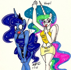 Size: 1226x1203 | Tagged: safe, artist:newyorkx3, princess celestia, princess luna, anthro, g4, assisted exposure, belly button, blushing, cleavage, clothes, covering, dress, embarrassed, embarrassed underwear exposure, female, humiliation, midriff, skirt, skirt lift, traditional art