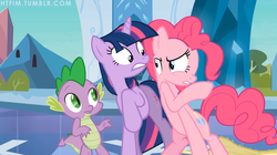 Size: 1280x715 | Tagged: safe, artist:capnpea, edit, edited screencap, screencap, pinkie pie, spike, twilight sparkle, flounder, g4, the crystal empire, fimbriae, wat