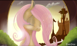 Size: 900x539 | Tagged: safe, artist:auroriia, fluttershy, pony, g4, bust, crying, eyes closed, female, lens flare, mare, outdoors, sad, solo, stray strand, teary eyes