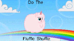 Size: 1280x720 | Tagged: safe, artist:mixermike622, oc, oc only, oc:fluffle puff, pink fluffy unicorns dancing on rainbows, g4, animated, dancing, fake horn, female, mare, open mouth, rainbow, shuffle, sky, solo