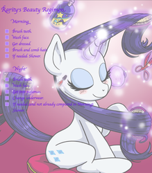 Size: 764x874 | Tagged: safe, artist:latecustomer, edit, rarity, g4, blushing, brush, brushing, checklist, female, hairspray, magic, mascara, pillow, powder (substance), scissors, sitting, solo