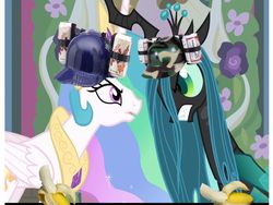 Size: 1024x768 | Tagged: safe, princess celestia, queen chrysalis, alicorn, changeling, changeling queen, pony, g4, alcohol, banana, beer, female, food, hat, meme