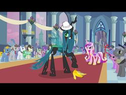 Size: 1024x768 | Tagged: safe, edit, edited screencap, screencap, princess cadance, queen chrysalis, twilight sparkle, changeling, changeling queen, a canterlot wedding, g4, banana, fedora, female, hat, letterboxing