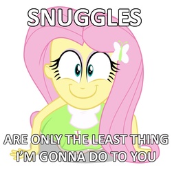 Size: 720x717 | Tagged: safe, artist:masem, fluttershy, equestria girls, g4, my little pony equestria girls, bronybait, female, happyshy, image macro, imma snuggle you, looking at you, simple background, snuggling, solo, white background
