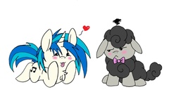 Size: 1332x750 | Tagged: dead source, safe, artist:tilly-towell, dj pon-3, octavia melody, vinyl scratch, pony, sheep, unicorn, g4, :3, :<, :p, blush sticker, blushing, chest fluff, chibi, cute, daaaaaaaaaaaw, duo, ewe, female, floppy ears, fluffy, frown, glare, heart, lesbian, mare, octavia is not amused, prone, sheeptavia, ship:scratchtavia, shipping, simple background, smiling, species swap, squishy cheeks, tongue out, unamused, white background