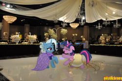 Size: 4288x2848 | Tagged: safe, artist:alexpony, artist:unfiltered-n, artist:utterlyludicrous, trixie, twilight sparkle, g4, alternate hairstyle, ballroom, birthday dress, blushing, clothes, dancing, do the sparkle, dress, female, high res, lesbian, light, photo, ponies in real life, reflection, ship:twixie, shipping, vector