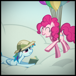 Size: 2250x2250 | Tagged: safe, artist:foxy-noxy, daring do, pinkie pie, rainbow dash, g4, balloon, book, clothes, cloud, costume, female, flying, hat, lesbian, pith helmet, reading, ship:pinkiedash, shipping, then watch her balloons lift her up to the sky