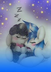 Size: 1204x1689 | Tagged: dead source, safe, artist:tilly-towell, dj pon-3, octavia melody, vinyl scratch, earth pony, pony, sheep, unicorn, g4, cuddling, duo, female, lesbian, sheeptavia, ship:scratchtavia, shipping, sleeping, snoring, snuggling, species swap, zzz