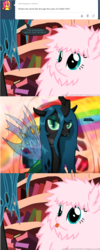 Size: 650x1625 | Tagged: safe, artist:mixermike622, queen chrysalis, oc, oc:fluffle puff, changeling, changeling queen, pony, tumblr:ask fluffle puff, g4, comic, cute, cutealis, female, flufflebetes, golden oaks library, implied chrysipuff, implied shipping, ocbetes, perspective, sexy, stupid sexy chrysalis